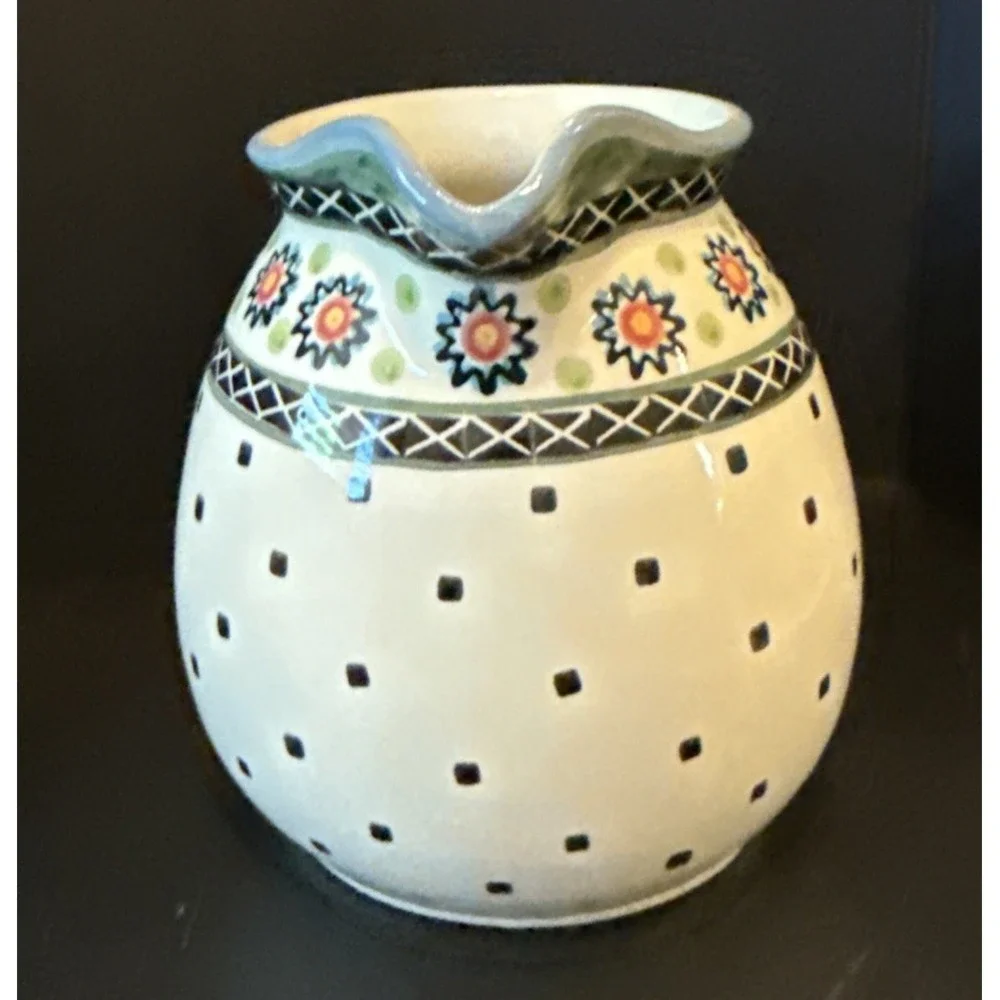 Boleslawiec‎ Polish Art Pottery Floral Blue Square Dots Pitcher Jug 6.5 Inch